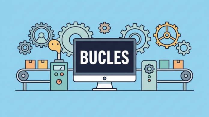 Ilustración vectorial de bucles en Python con una cinta transportadora de engranajes que repite tareas
