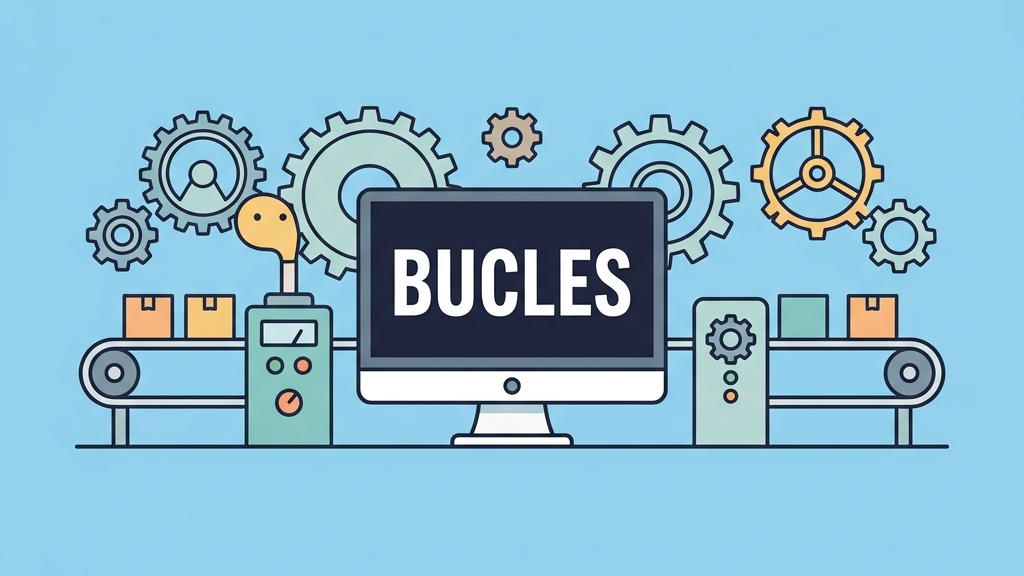 Ilustración vectorial de bucles en Python con una cinta transportadora de engranajes que repite tareas