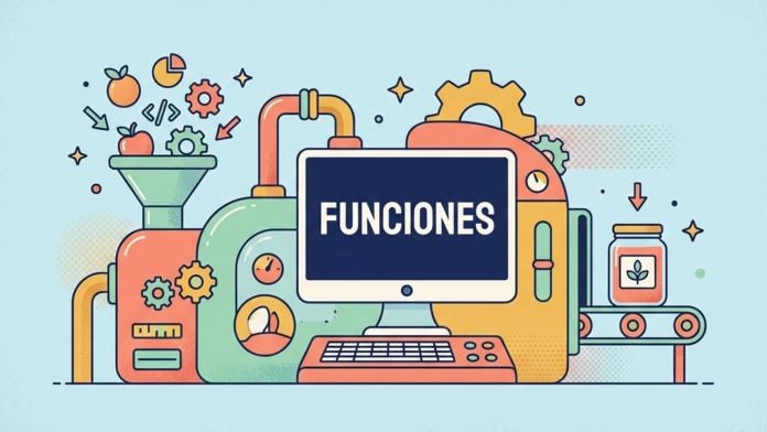 Ilustración de funciones en Python con una máquina batidora que procesa ingredientes para crear batidos