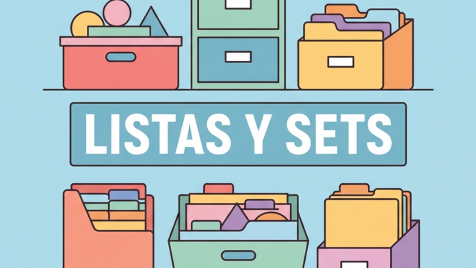 Ilustración conceptual de colecciones en Python con carpetas y archivadores de colores organizando elementos y conjuntos geométricos