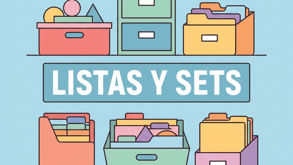Ilustración conceptual de colecciones en Python con carpetas y archivadores de colores organizando elementos y conjuntos geométricos