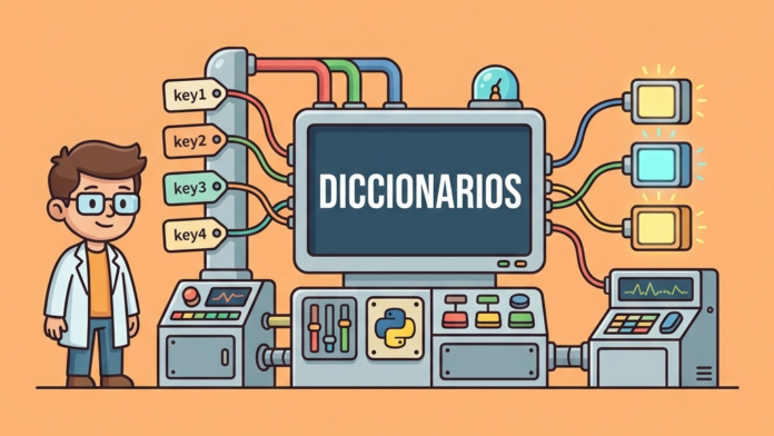 Ilustración conceptual de diccionarios en Python con una agenda de contactos digital que asocia fotos de perfiles con nombres y números
