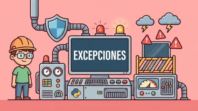 Ilustración conceptual del manejo de excepciones en Python con un escudo digital bloqueando rayos de errores y protegiendo el código de caídas