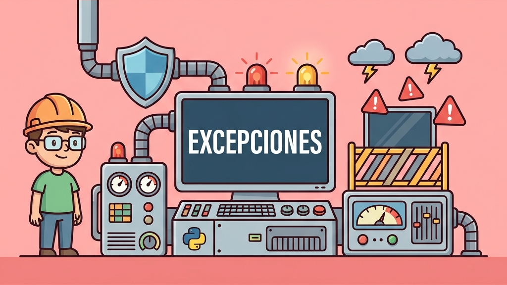 Ilustración conceptual del manejo de excepciones en Python con un escudo digital bloqueando rayos de errores y protegiendo el código de caídas