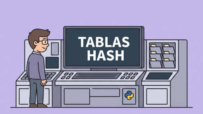 Ilustración en estilo vectorial sobre tablas hash en Python con una programadora y una consola que muestra la palabra TABLAS HASH
