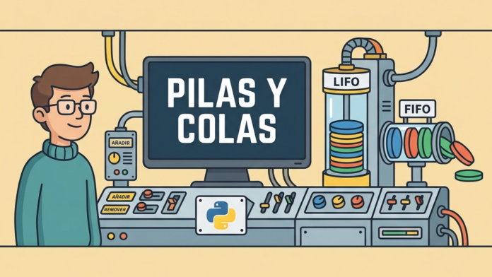 Ilustración en estilo vectorial plano sobre pilas y colas en Python con un programador y una pantalla retro que muestra la palabra PILAS Y COLAS
