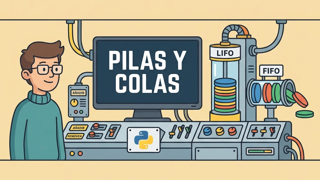 Ilustración en estilo vectorial plano sobre pilas y colas en Python con un programador y una pantalla retro que muestra la palabra PILAS Y COLAS