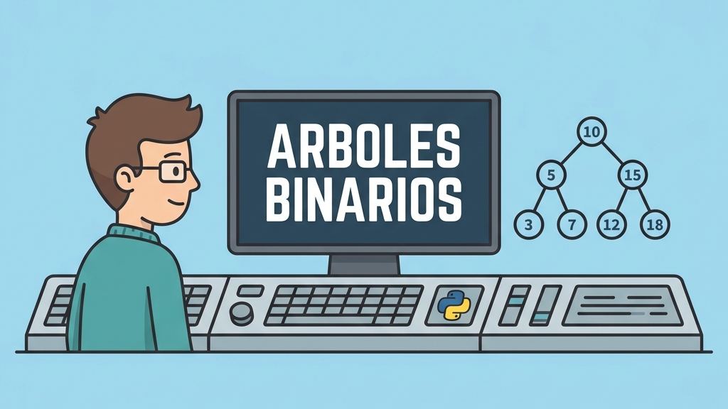 Ilustración en estilo vectorial plano sobre árboles binarios en Python con una programadora y una consola que muestra la palabra ARBOLES BINARIOS