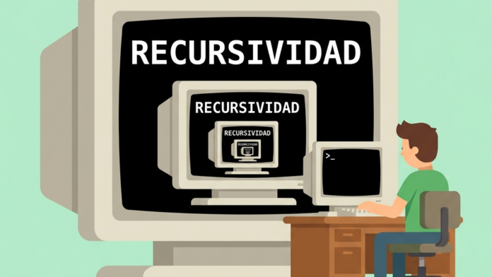 Ilustración en estilo vectorial plano sobre recursividad en Python con pantallas de consola retro anidadas una dentro de otra y un programador