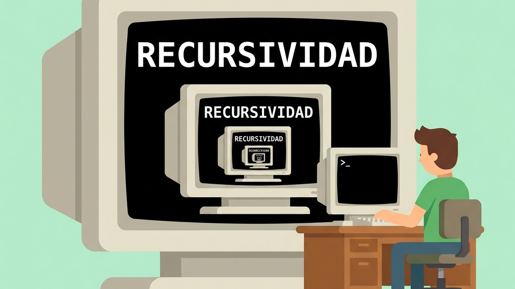 Ilustración en estilo vectorial plano sobre recursividad en Python con pantallas de consola retro anidadas una dentro de otra y un programador