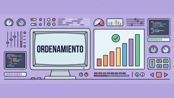 Ilustración en estilo vectorial plano sobre algoritmos de ordenamiento en Python con una consola retro y un gráfico de barras de alturas ordenándose de menor a mayor