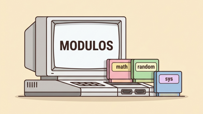 Ilustración en estilo vectorial plano sobre módulos en Python con cartuchos modulares de colores insertándose en una consola retro y texto 