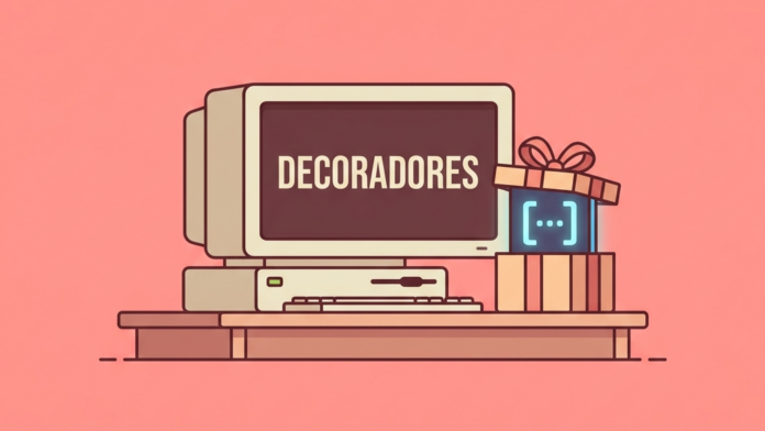 Ilustración en estilo vectorial plano sobre decoradores en Python con un programador envolviendo una función de código brillante en una caja de regalo y texto 