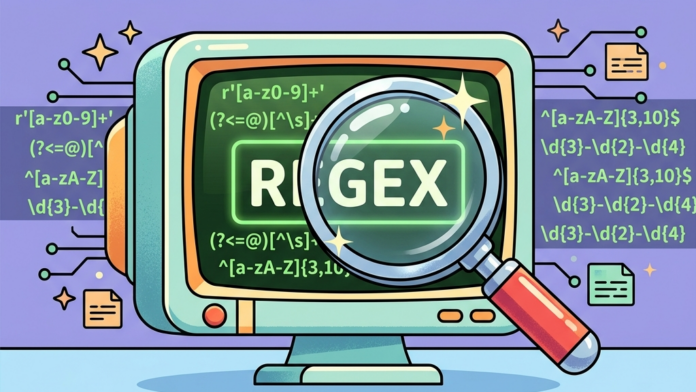 Ilustración en estilo vectorial plano sobre expresiones regulares en Python con una lupa digital inspeccionando flujos de datos y texto 