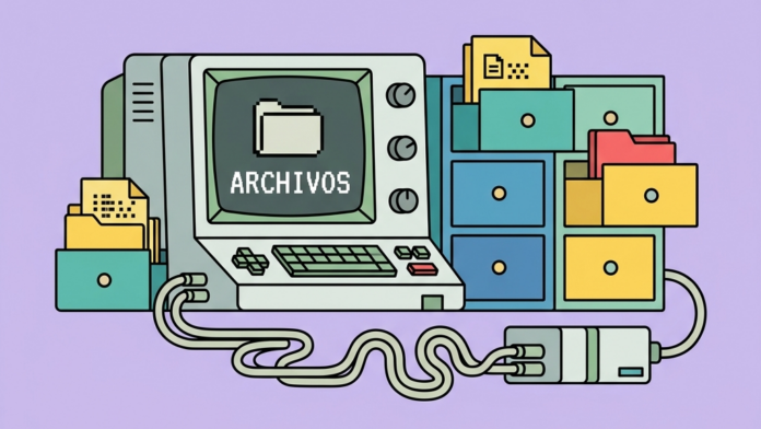 Ilustración en estilo vectorial plano sobre el manejo de archivos en Python con archivadores digitales ordenados e indexados sobre una consola retro