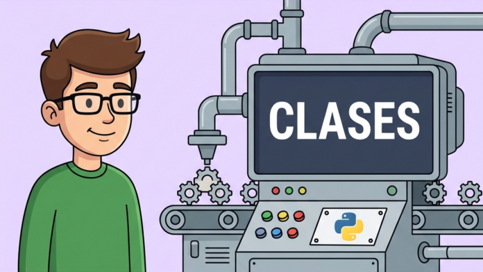 Ilustración retro-vectorial en estilo 2D plano sobre la creación de clases en Python con un molde de fabricación retro produciendo objetos perfectos con el logotipo de Python
