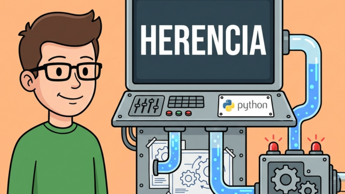 Ilustración retro-vectorial en estilo 2D plano sobre la herencia en Python con una máquina científica transmitiendo planos de copia e información a una más pequeña con el logotipo de Python