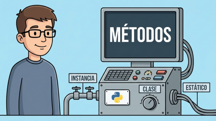 Ilustración retro-vectorial en estilo 2D plano sobre los métodos en Python con una máquina científica que tiene tres salidas o modos de ejecución etiquetados como INSTANCIA, CLASE y ESTÁTICO, con el logotipo de Python