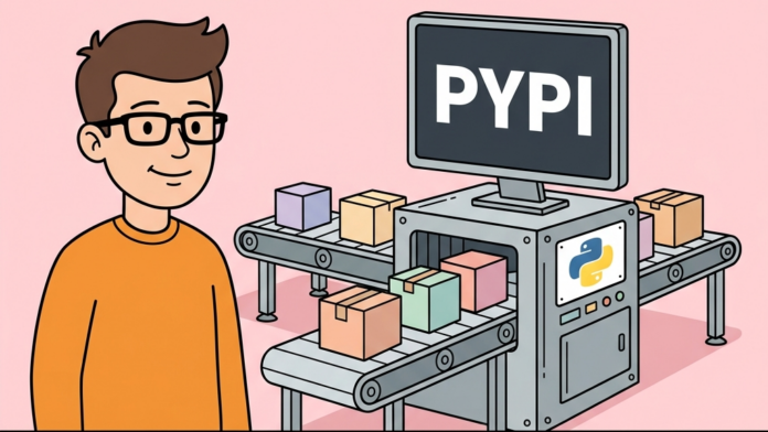 Ilustración retro-vectorial en estilo 2D plano sobre PyPI en Python con una máquina científica clasificadora y ordenadora de cajas y paquetes de software con el logotipo de Python