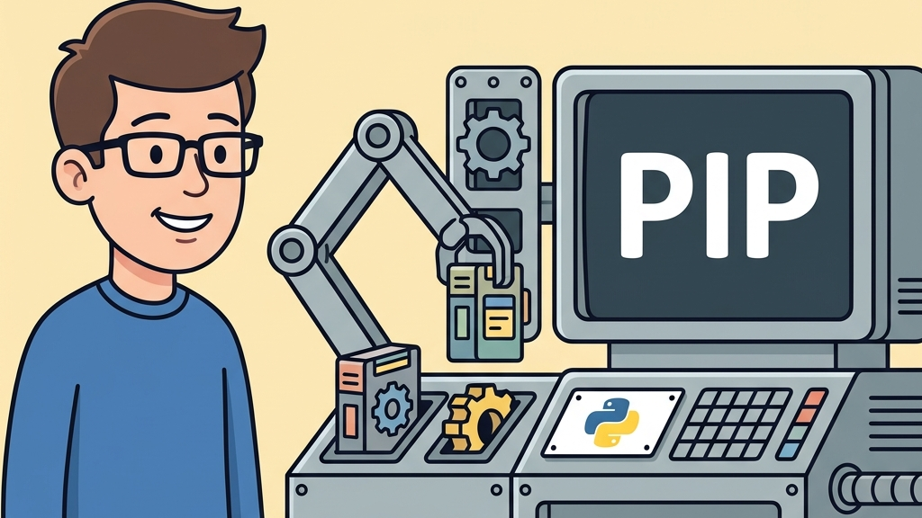 Ilustración retro-vectorial en estilo 2D plano sobre el instalador pip en Python con una máquina científica instalando módulos de software y cartuchos con el logotipo de Python