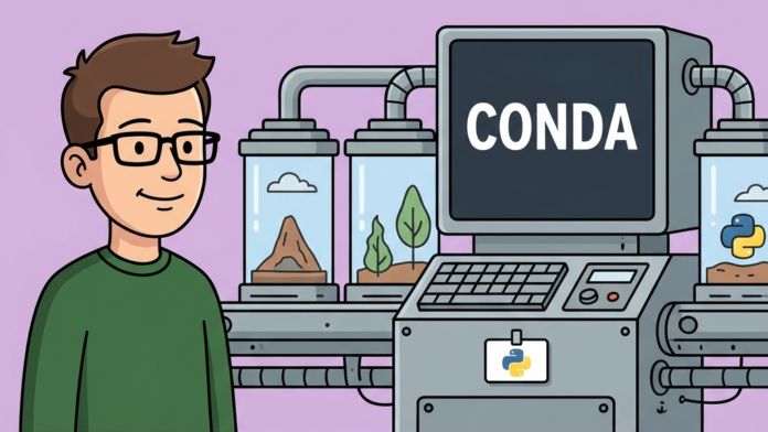 Ilustración retro-vectorial en estilo 2D plano sobre Conda en Python con una máquina científica de almacenamiento masivo y aislamiento de contenedores con el logotipo de Python