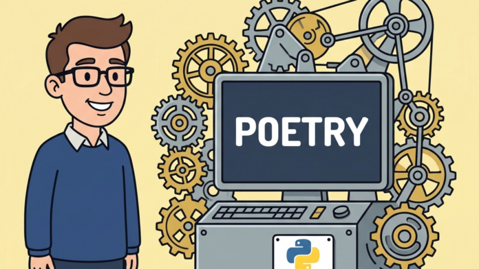 Ilustración retro-vectorial en estilo 2D plano sobre Poetry en Python con una máquina científica de ensamblaje elegante y sincronización de engranajes con el logotipo de Python