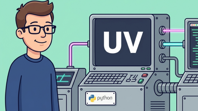 Ilustración retro-vectorial en estilo 2D plano sobre uv en Python con una máquina científica de altísima velocidad y engranajes mecánicos con el logotipo de Python
