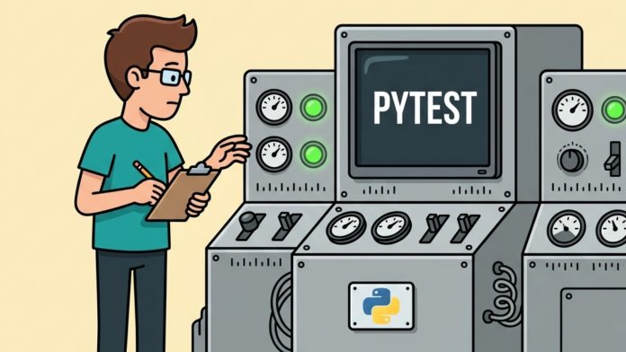 Ilustración retro-vectorial en estilo 2D plano sobre Pytest en Python con una máquina científica de control de calidad y validación con el logotipo de Python