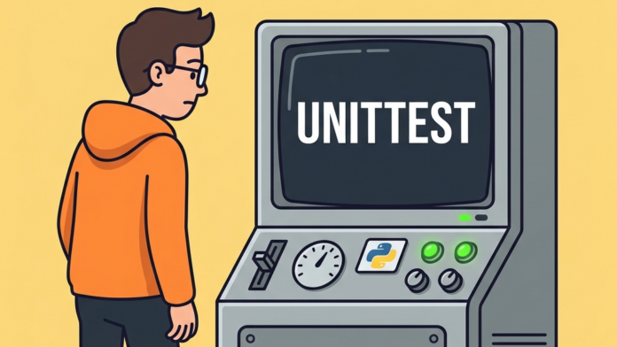 Ilustración retro-vectorial en estilo 2D plano sobre Unittest en Python con una máquina científica de pruebas estructuradas por clases y el logotipo de Python