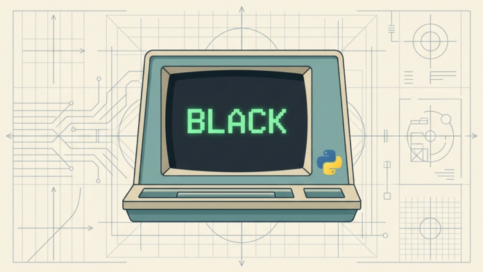 `Ilustración retro-vectorial en estilo 2D plano sobre el formateo de código en Python con un ordenador retro ordenando y limpiando líneas de código torcidas con el logotipo de Black