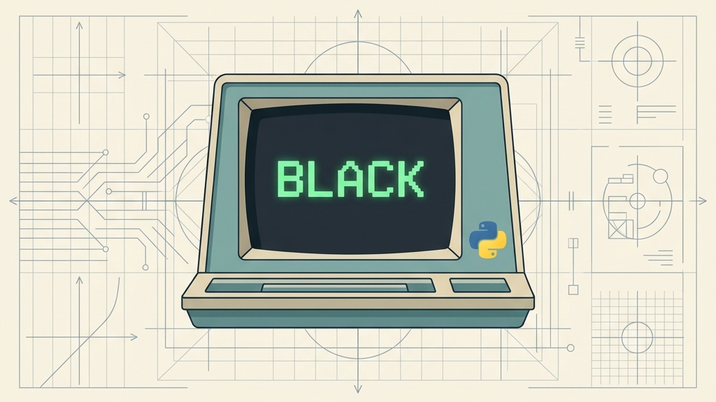 `Ilustración retro-vectorial en estilo 2D plano sobre el formateo de código en Python con un ordenador retro ordenando y limpiando líneas de código torcidas con el logotipo de Black