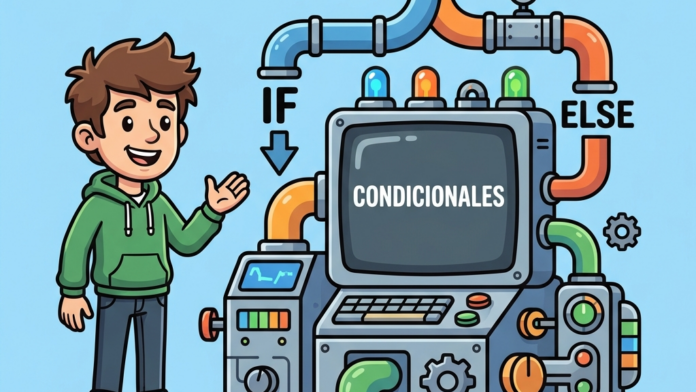 Ilustración vectorial conceptual sobre condicionales en Python con un robot tomando decisiones en una bifurcación de caminos