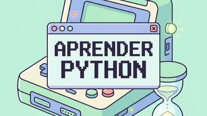 Ilustración retro-vectorial de una consola vintage mostrando un reloj de arena digital rodeado de código Python y engranajes de aprendizaje de programación