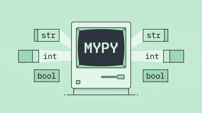 Ilustración retro-vectorial en estilo 2D plano sobre el tipado estático en Python con una consola retro analizando y validando anotaciones de tipo con el logotipo de Mypy