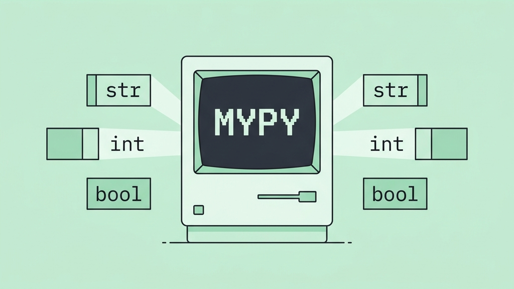 Ilustración retro-vectorial en estilo 2D plano sobre el tipado estático en Python con una consola retro analizando y validando anotaciones de tipo con el logotipo de Mypy