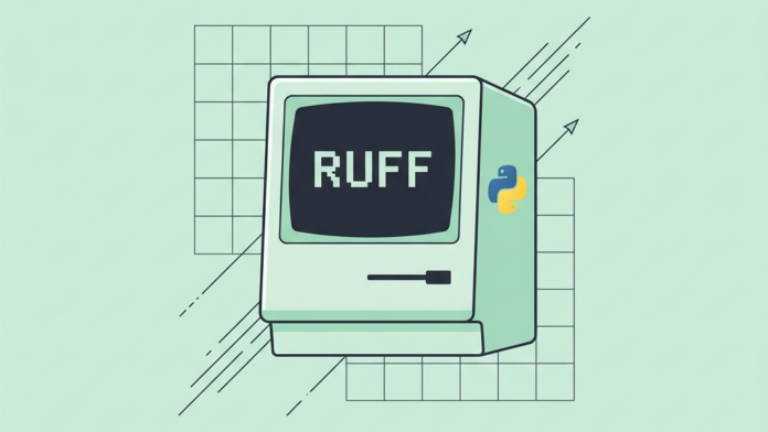Ilustración retro-vectorial en estilo 2D plano sobre el linter y formateador Ruff en Python con un ordenador retro en simetría analizando código ultrarrápido con el logotipo de Python