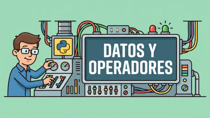 Ilustración en estilo vectorial sobre tipos de datos y operadores en Python con un panel central que muestra DATOS Y OPERADORES