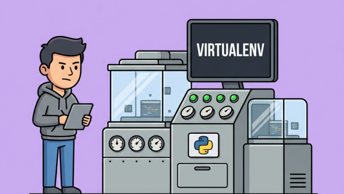 Ilustración retro-vectorial en estilo 2D plano sobre entornos virtuales en Python con una máquina de aislamiento de dependencias científicas en compartimentos de cristal y el logotipo de Python