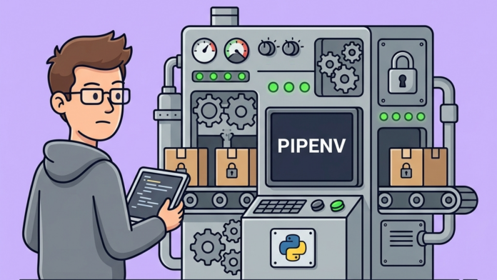 Ilustración retro-vectorial en estilo 2D plano sobre Pipenv en Python con una máquina científica de empaquetado seguro y engranajes mecánicos con el logotipo de Python