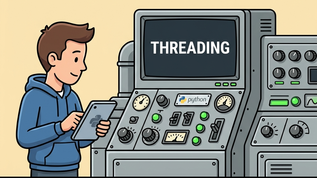 Ilustración retro-vectorial en estilo 2D plano sobre Threading en Python con una máquina de procesamiento simultáneo de hilos de datos y el logotipo de Python