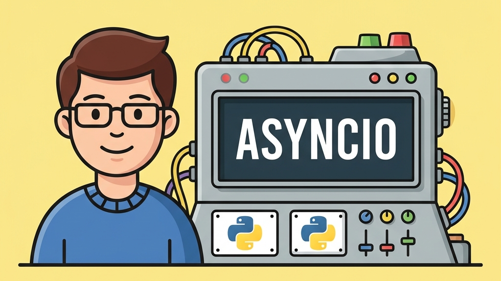 Ilustración retro-vectorial en estilo 2D plano sobre AsyncIO en Python con un director de orquesta robot controlando un bucle de eventos asíncronos y el logotipo de Python