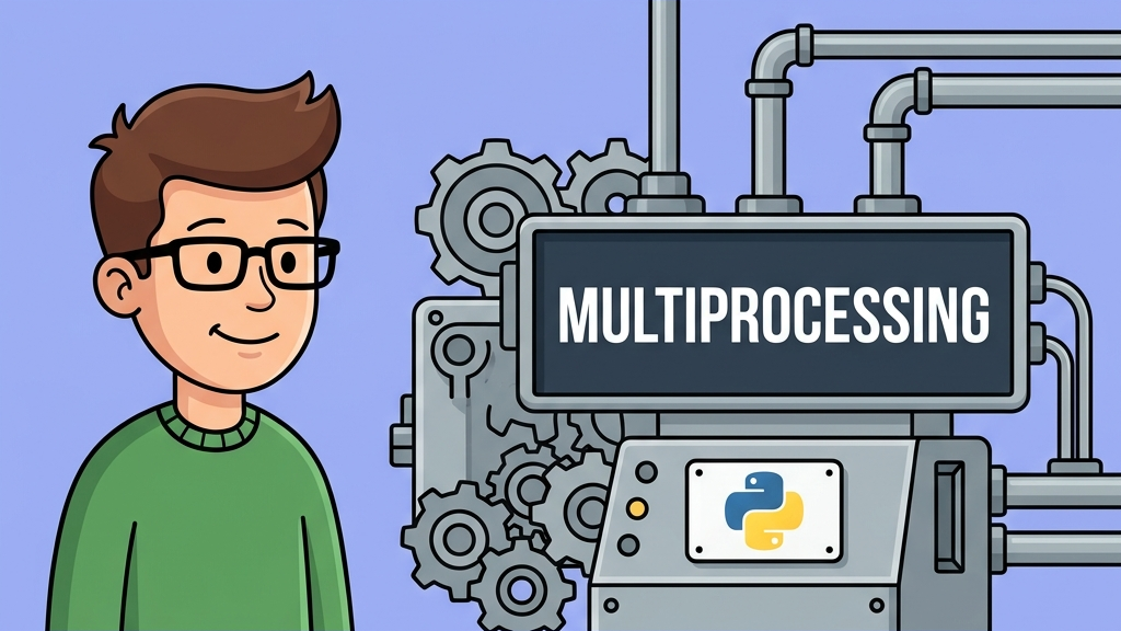 Ilustración retro-vectorial en estilo 2D plano sobre Multiprocessing en Python con una máquina industrial de múltiples engranajes y pistones procesando datos en paralelo y el logotipo de Python
