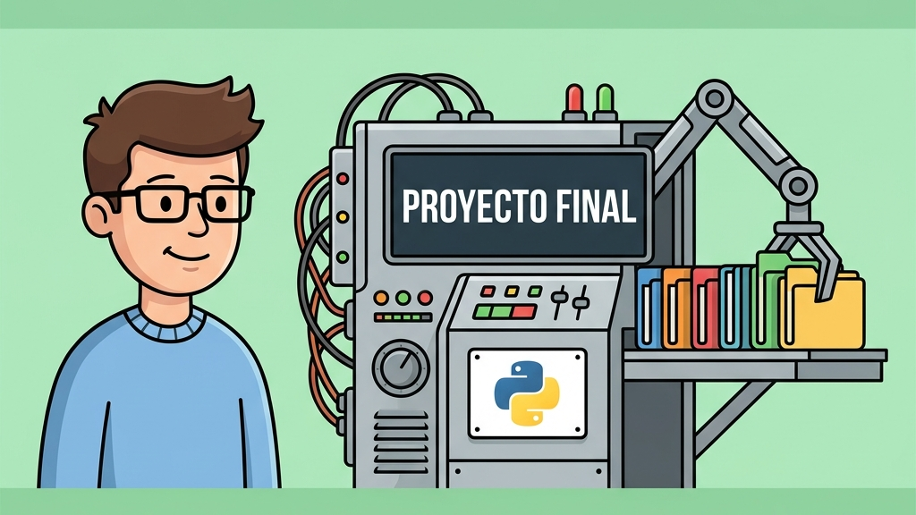 Ilustración retro-vectorial en estilo 2D plano sobre proyectos en Python con un desarrollador y una máquina de indexación de páginas web conectada en paralelo y el logotipo de Python
